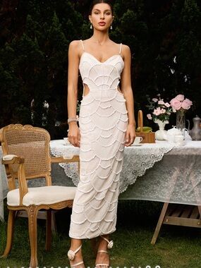 white elegant beach dress White-Flowers Drill Chain Bandage Dress OW26035